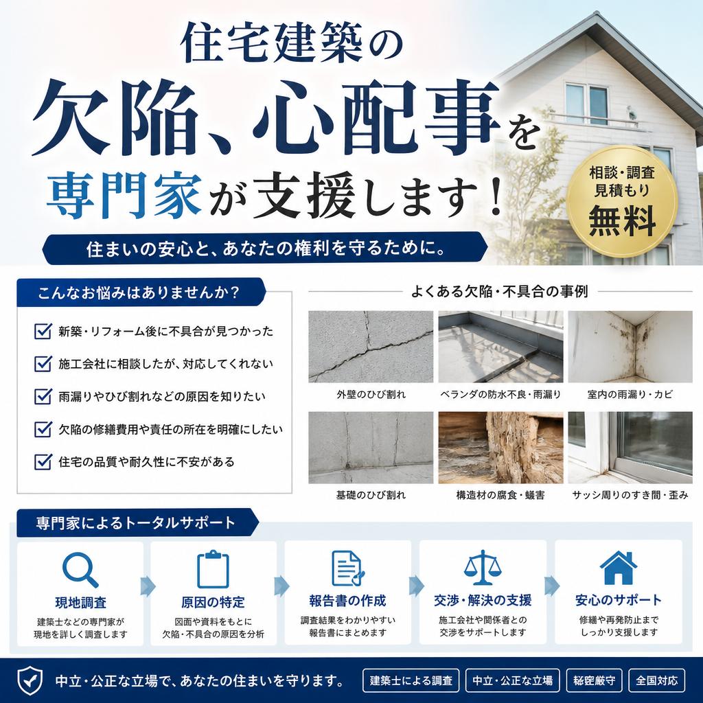 住宅建築の欠陥、心配事を専門家が支援します！